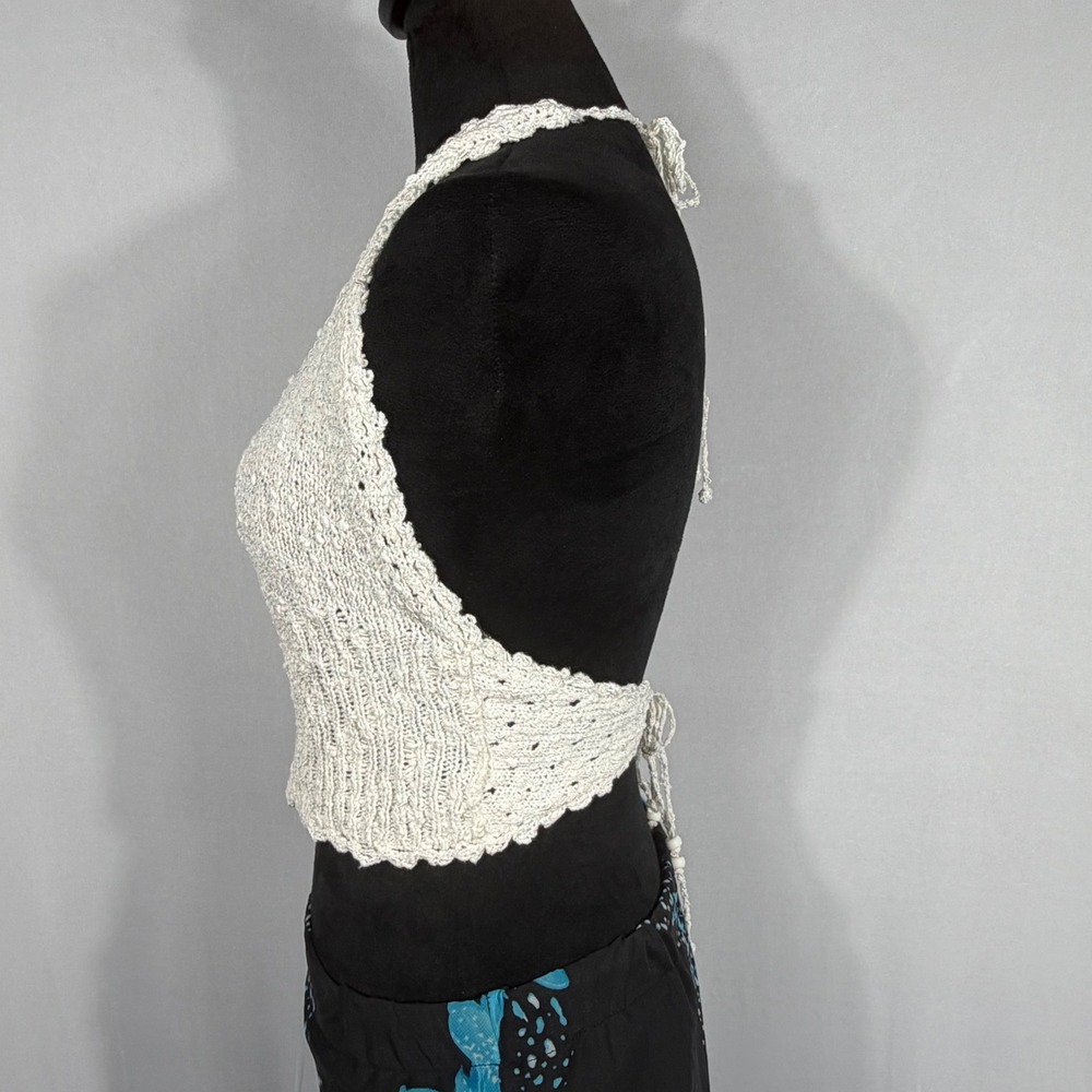 Vtg 90s Y2K EXPRESS Crochet Halter Top Med White Knit Beaded Tie Back Fairy Boho - Picture 2 of 8